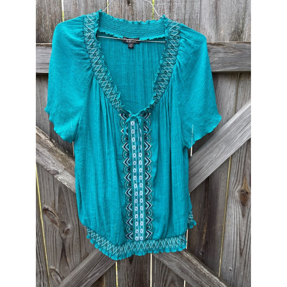 AGB Woman Teal Crinkle Peasant Blouse 3X Embroidered Smocked Hem Top 3477J44